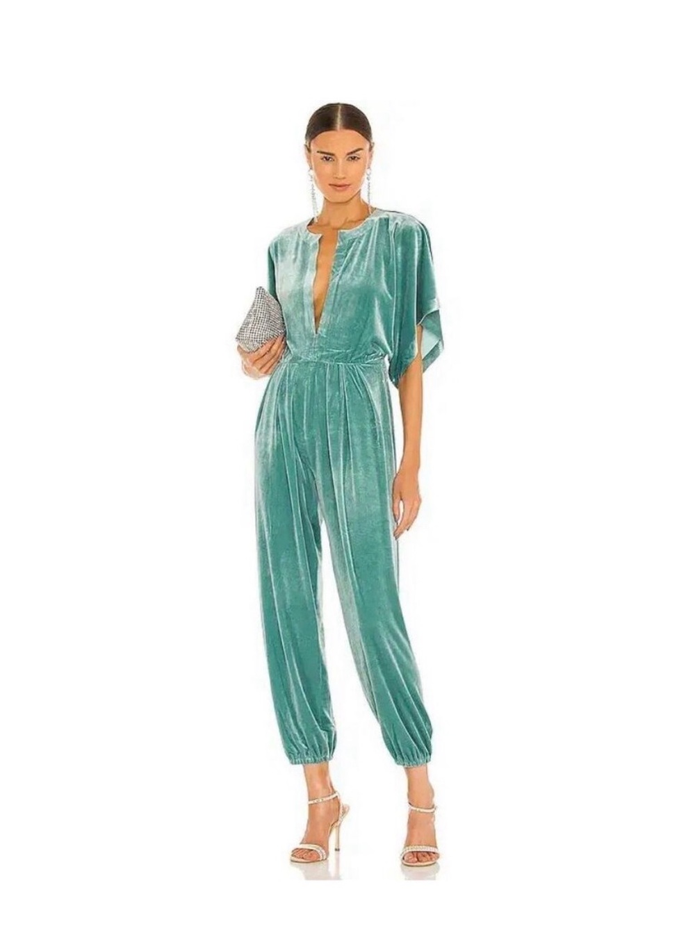 Norma Kamali Velvet Deep V Jumpsuit in Teal Green